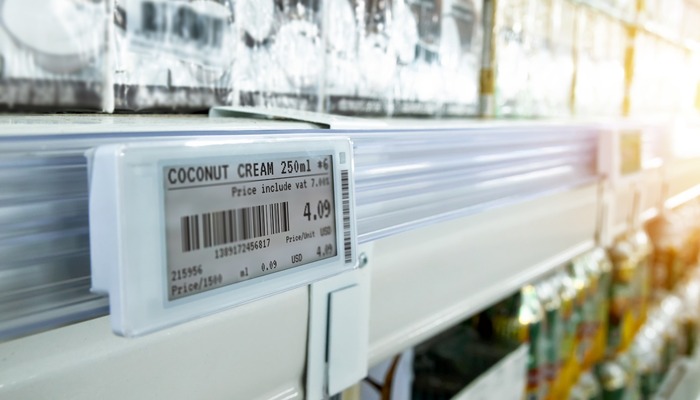 A pricing label in a supermarket