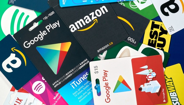 Different gift cards of many brands such as Amazon, Netflix, Xbox, Google Play, Best Buy, Spotify