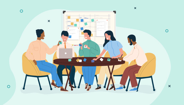 Illustration of a group of people attending a work meeting