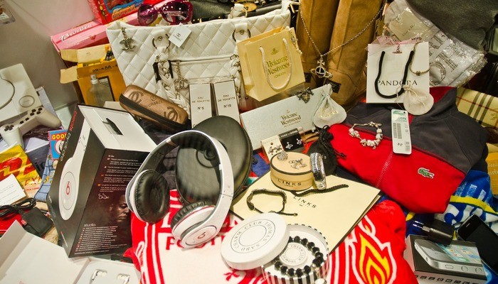 A seized collection of fake designer goods in Liverpool, UK