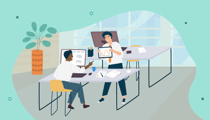 Illustration of two men in an office, one standing up and showing the other a chart on a tablet